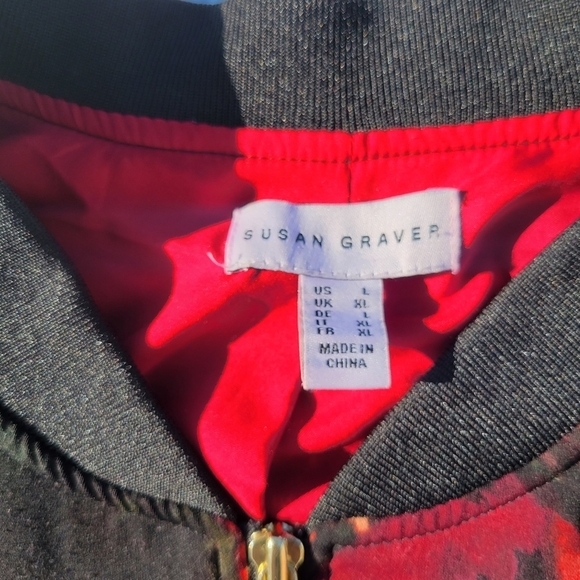 Susan Graver Womens Floral Liquid Knit Jacket Size L Black Red Full Zip Pockets - Picture 4 of 11